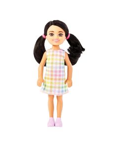 Barbie Club Chelsea 6 Inches Doll - Black Hair Doll with 2 Pigtails, Pastel Plaid Dress Small Doll for Girls 3 years up